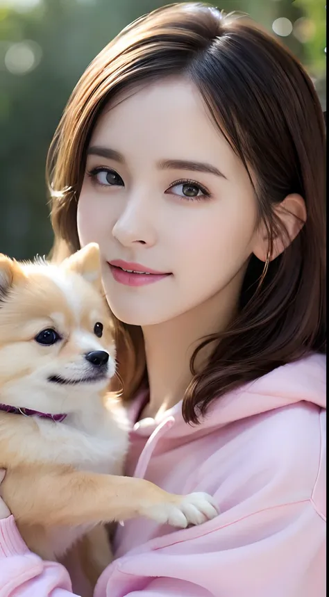 (A hyper-realistic), (hight resolution), (8K), (ighly detailed),  (beatiful detailed eyes), (top-quality), (ultra-detailliert), (​masterpiece), (A detailed face), softfocus、face of emma watson、Colossal tits、japanes、zoo、Pomeranian、Petting a cute dog、JINS、Li...