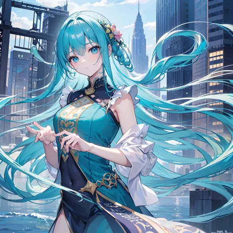 8k), (best quality), (masterpiece: 1.2), (realistic), (photorealistic: 1.37), ultra detailed, one girl, viewer watching, half body, long two-string sleep dress, city life, water hair, flowing hair, flying bangs, teal hair, blue eyes, cute pose, zoom face