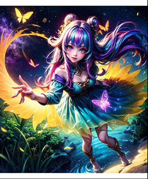 Cute iridescent round monster in space、Drawing iridescent forest grass and butterflies flying over the water, Looking up at the starry sky. Surround her with colorful nebulae and colorful forests.