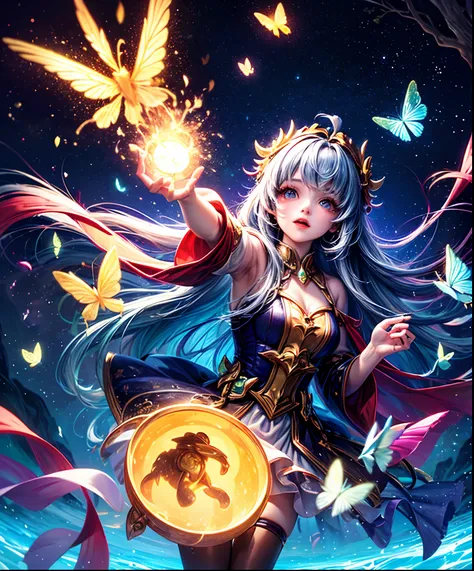 Cute iridescent round monster in space、Drawing iridescent forest grass and butterflies flying over the water, Looking up at the starry sky. Surround her with colorful nebulae and colorful forests.