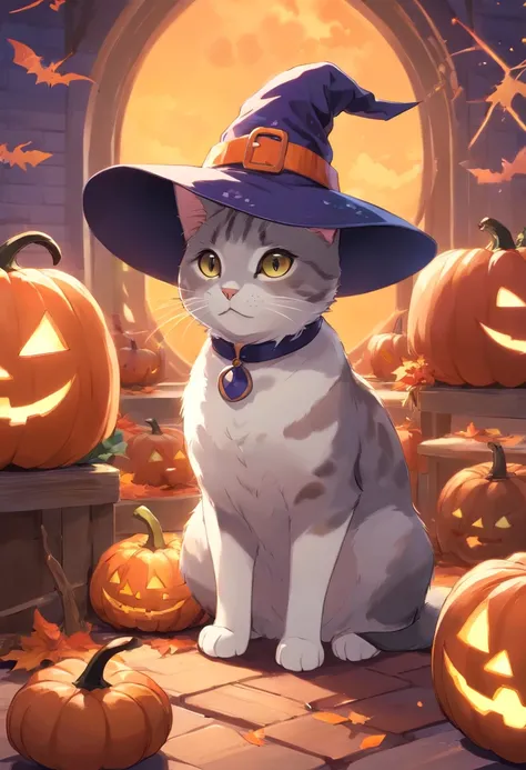 An English shorthair cat wearing a witchs hat, It has a short tail, pumpkins, Halloween, the bats