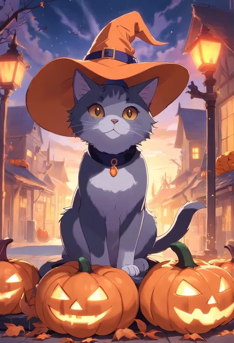 An English shorthair cat wearing a witchs hat, It has a short tail, pumpkins, Halloween, the bats