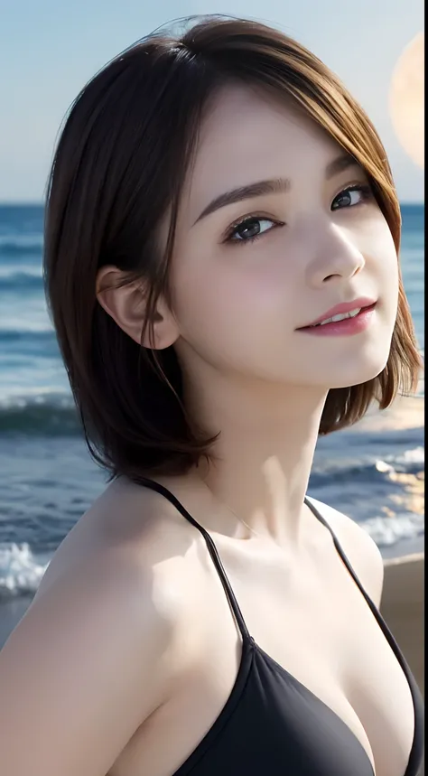 (A hyper-realistic), (hight resolution), (8K), (ighly detailed),  (beatiful detailed eyes), (top-quality), (ultra-detailliert), (​masterpiece), (A detailed face), softfocus、face of emma watson、Colossal tits、japanes、A smile、Black swimsuit、fullmoon、natta、Bea...