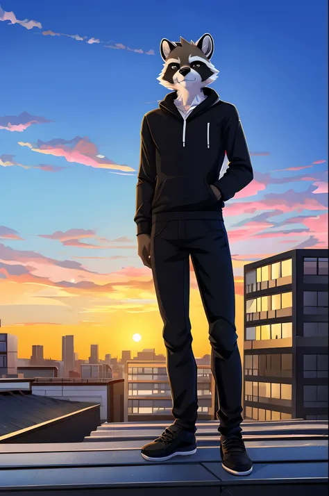 E621, 独奏, Furry, male, anthro, racoon, grey fur, Slim, Black Longsleeve, Skinny black jeans, on roof, Beautiful, Bright colors, High contrast, standing on rooftop, Beautiful background, masterpeace