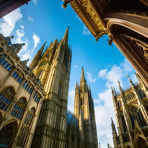 pov from down、look up to、Super-developed civilization、Huge metropolis、cathedral、Fantasia、Magnificent terrain、Hyper Beautiful Sky、High-rise complex、Medieval European style、European style architectural group、Architecture in the sky、Pulling composition、hight ...