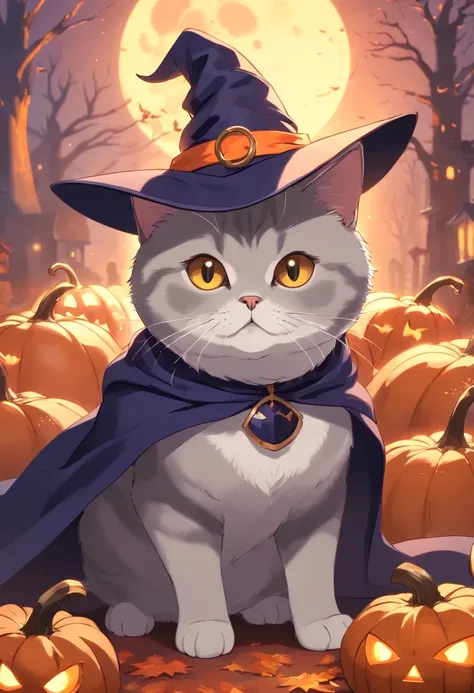 a British Shorthair cat wearing a witch hat, with a short tail, pumpkin, Halloween, bats (best quality, 4k, highres, ultra-detailed), realistic, portraits, vibrant colors, soft lighting