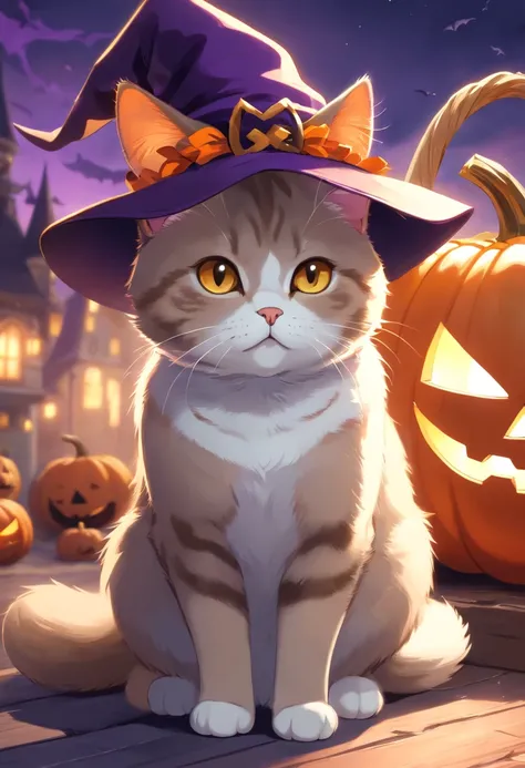 a British Shorthair cat wearing a witch hat, with a short tail, pumpkin, Halloween, bats (best quality, 4k, highres, ultra-detailed), realistic, portraits, vibrant colors, soft lighting