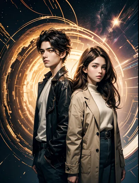 A man and a woman are standing side by side. Both have beautiful features. He is 18 years old. The man has black hair. The woman has light brown hair. Both are dressed in modern clothing. In the background of the two is an image of a wormhole. 8K image qua...