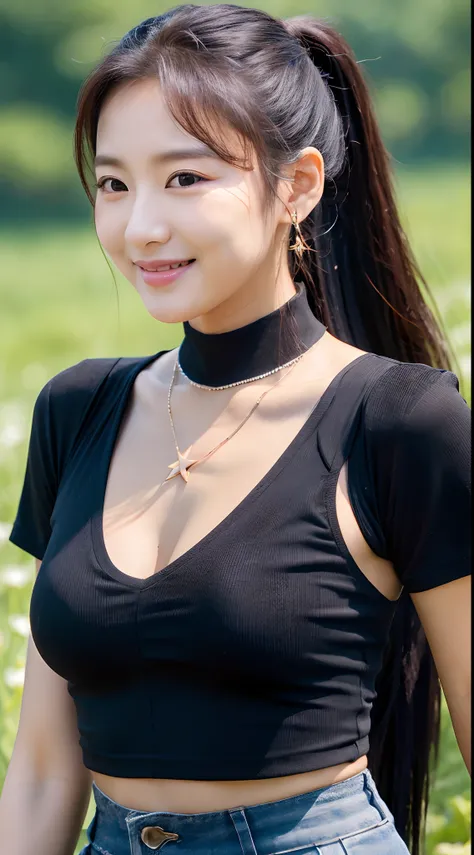 Realistic photos of (1 cute Korean star) ponytail, thin makeup, slightly smile, 32 inch breasts size, wearing black tank top, necklace, pants, standing in the field , close-up portrait, UHD