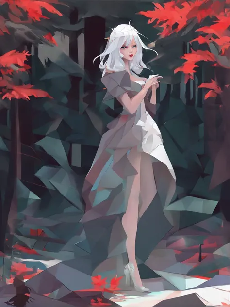 extreme dark forest in background, colorful. sinister, Aurora, mythical and magical, erotic pose, pore white hair, small tits, big eyes, body covered with tattoo, red lips, erotic, dark light, black dress, fatale seduction