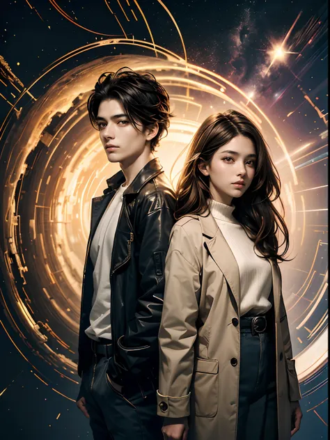 A man and a woman are standing side by side. Both have beautiful features. He is 18 years old. The man has black hair. The woman has light brown hair. Both are dressed in modern clothing. In the background of the two is an image of a wormhole. 8K image qua...