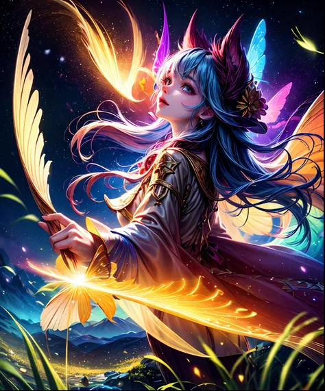 Cute iridescent round monster in space、Drawing iridescent forest grass and butterflies flying over the water, Looking up at the starry sky. Surround her with colorful nebulae and colorful forests.