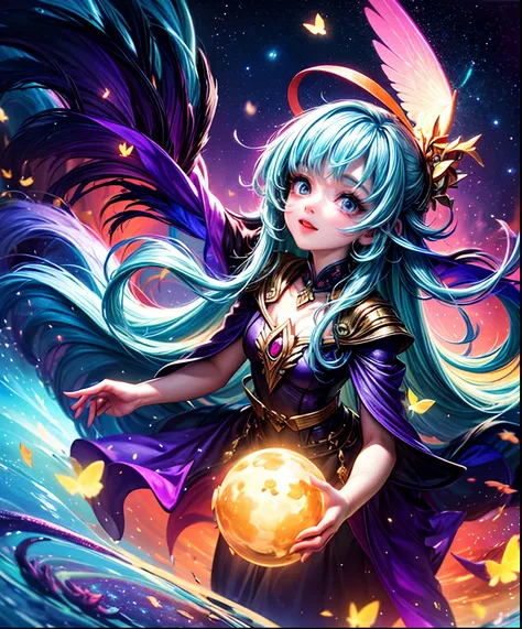 Cute iridescent round monster in space、Drawing iridescent forest grass and butterflies flying over the water, Looking up at the starry sky. Surround her with colorful nebulae and colorful forests.