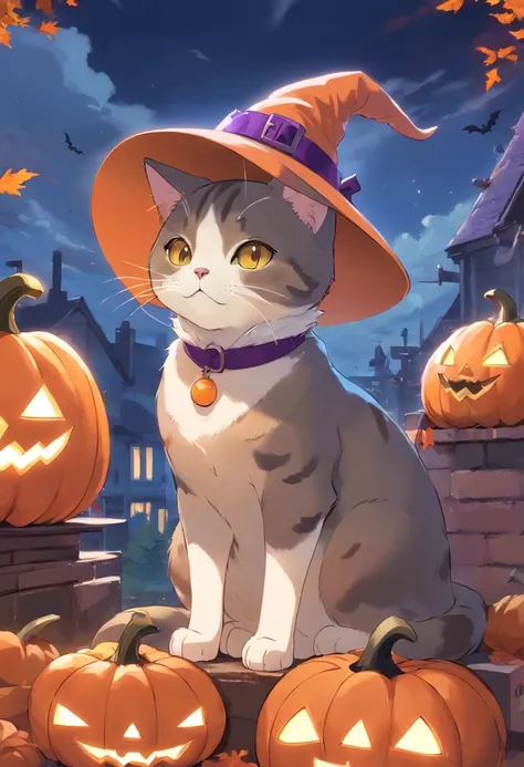 An English shorthair cat wearing a witchs hat, It has a short tail, pumpkins, Halloween, the bats