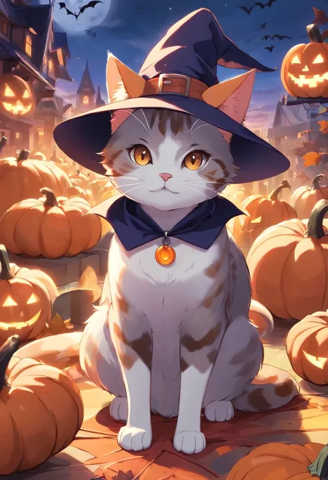 An English shorthair cat wearing a witchs hat, It has a short tail, pumpkins, Halloween, the bats