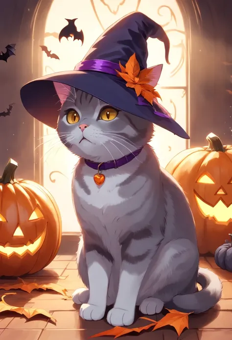 A short-tailed British Shorthair cat wearing a witch hat, pumpkin, Halloween, bats, (best quality, 4k, highres, masterpiece:1.2), ultra-detailed, realistic:1.37, vibrant colors, studio lighting, bokeh, illustration, spooky atmosphere