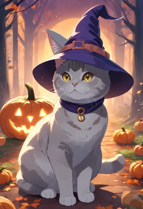 (A British Shorthair cat wearing a witch hat, a short tail, pumpkin, Halloween, bats), (best quality, 4k, high-res, masterpiece:1.2), detailed fur, piercing eyes, whimsical background, dark color scheme, spooky lighting, mystical atmosphere, magical vibe, ...