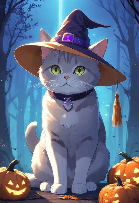 (A British Shorthair cat wearing a witch hat, a short tail, pumpkin, Halloween, bats), (best quality, 4k, high-res, masterpiece:1.2), detailed fur, piercing eyes, whimsical background, dark color scheme, spooky lighting, mystical atmosphere, magical vibe, ...