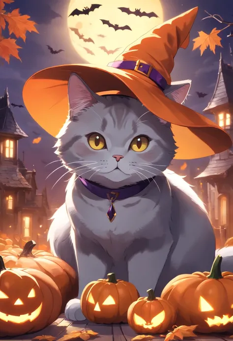 A British shorthair cat wearing a witch hat, with a short tail, a pumpkin, Halloween, bats, (best quality:1.2), ultra-detailed, (realistic:1.37), portraits, vivid colors, moody lighting, autumn color palette, mystical atmosphere.