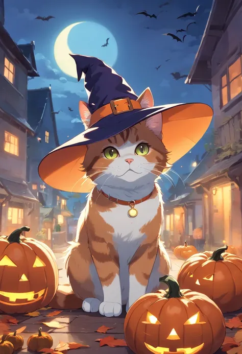 (a cat:1.1, wearing a witch hat:1.1), (British Shorthair:1.1), (short-tailed:0.9), (pumpkin:1.2), (Halloween:1.1), (bats:1.1)