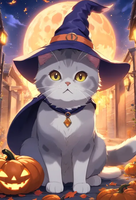 A British Shorthair cat wearing a witchs hat, with a short tail, pumpkin, Halloween, bats, (best quality, highres, realistic:1.37), vibrant colors, dark and eerie lighting, detailed fur, mystical atmosphere, enchanted garden, moonlight, stars, whimsical vi...