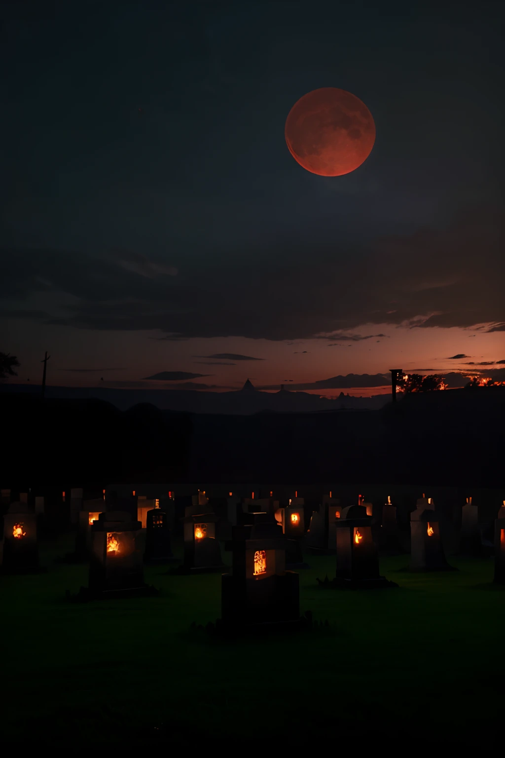 A dark graveyard, with some dimly lit oil lamps, and several cross-shaped tombs, And the sky a little bit of red, With a big, red moon with plenty of illumination