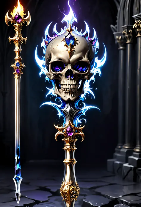 (8K, 16k, Award-winning, Highest quality, Highest resolution, Super detail, High detail, Anatomically correct, Masterpiece, Stunning beauty), Legendary scepter,The scepter has a skull at the top，Scepter made of crystal and white gold，delicate craftsmanship...