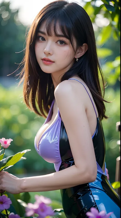 1 Girl, Very bright backlight, Solo, {beautiful-detailed eyes}, summer night, (large full breasts:1.25), Brilliant moonlight, calm expression, Natural light and soft light, Hair blowing in the breeze, delicate facial features, Blunt bangs, Beautiful Japane...