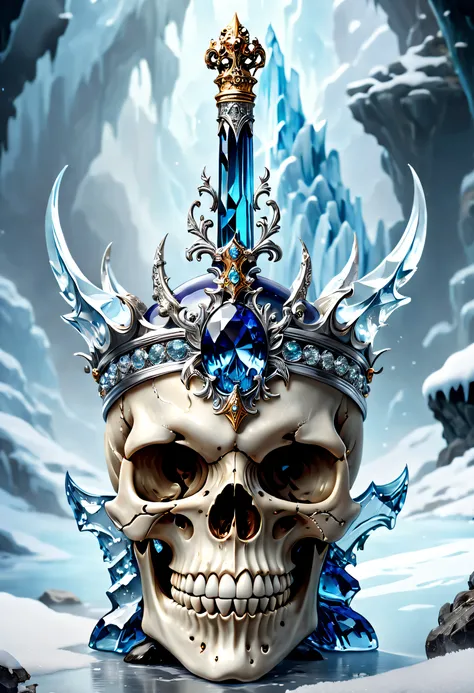 (Best quality,4K,8K,A high resolution,Masterpiece:1.2),Ultra-detailed,(Realistic,Photorealistic,photo-realistic:1.37),Legendary scepter,Exquisite craftsmanship,adorned with intricate carvings,Made of crystal and platinum,On top of a skull，Magical ice world...