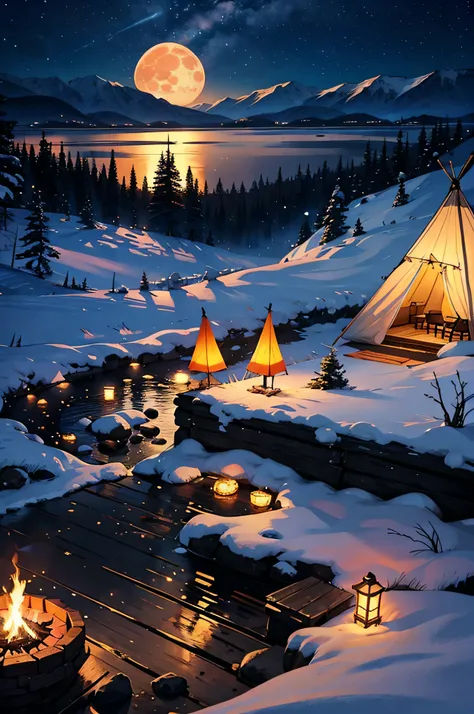 （夏天、camp、mont、Burning fire、starrysky、natta、fullmoon、lake、teepee、tarp）、[femele、A slight smil、cute little]