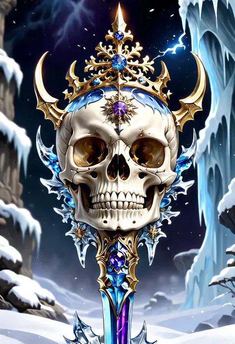 (8K, 16k, Award-winning, Highest quality, Highest resolution, Super detail, High detail, Anatomically correct, Masterpiece, Stunning beauty), (Skeleton Scepter: 1.3), Skeleton scepter inside icicles，Crystal skull， detailed decoration, Snowflake carving, de...