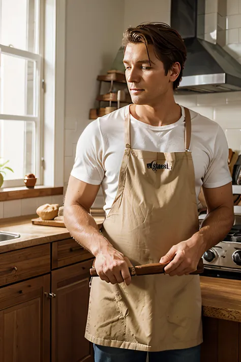 A baker man baking bread with a paddle