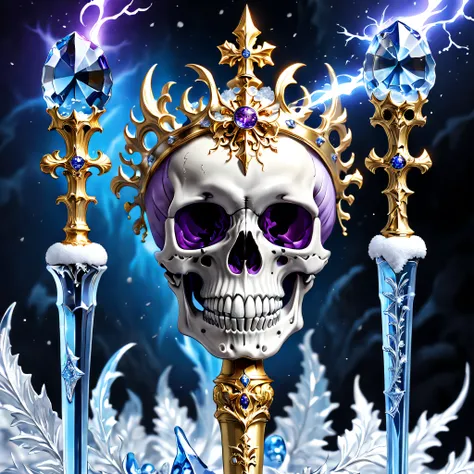 (8K, 16k, Award-winning, Highest quality, Highest resolution, Super detail, High detail, Anatomically correct, Masterpiece, Stunning beauty), (Skeleton Scepter: 1.3), Skeleton scepter inside icicles，Crystal skull， detailed decoration, Snowflake carving, de...