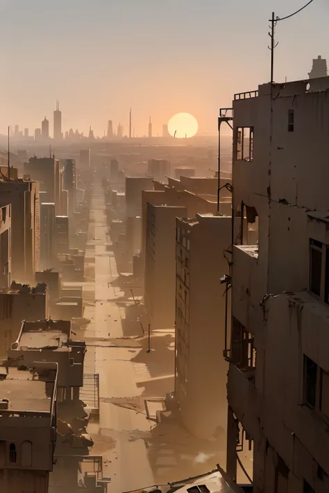 Wasteland City，Located in the middle of the desert，Arid and desolate，lifeless，Run-down city，the setting sun，Dusty sky，Scrap the machine，Dilapidated buildings，Overlooking