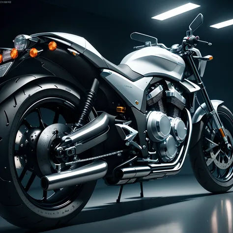 The best images, (8K, Raw photo, Realistic), The streamlined motorcycle of the future, Made of iridescent metal parts with chrome plated mirror finish and iridescent jewelry parts with faceted cut and round brilliant cut, Black iridescent light particles o...