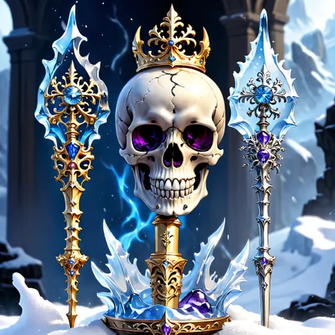 (8K, 16k, Award-winning, Highest quality, Highest resolution, Super detail, High detail, Anatomically correct, Masterpiece, Stunning beauty), (Skeleton Scepter: 1.3), Skeleton scepter inside icicles，Crystal skull， detailed decoration, Snowflake carving, de...