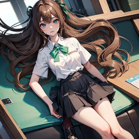 Mikunakano, Miku Nakano, Bangs,long hair, Blue eyes, hair between eye, Hair Ribbon, shairband, light brown hair, Green Ribbon,
BREAK skirt, Shirt, Bow, bow ribbon, School uniform, White shirt, Short sleeves, Pleated skirt, shoes, sox, Collared shirt, Minis...