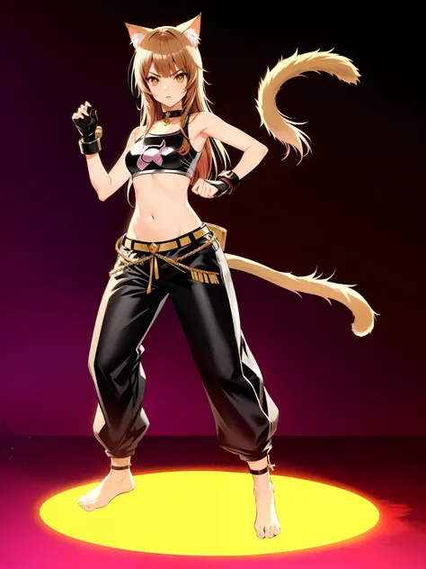 Anime girl with cat ears and black pants posing for a photo, como personagem em tekken, Personagem de King of Fighters, personagem de jogo de luta, Senna de League of Legends, menina gato atraente, gatinha jovem bonita, Natalie de Epic Battle Fantasy, rapo...