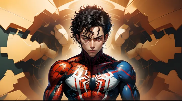 Spider man with dark curly hair tan skin black red and blue suit with electric powers muscular build manga style and vibrant