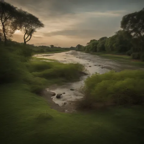 create an image of a river, on one side the river is dry, with low water, around the trees are dry, cracked earth... and on that side a person inside that river, in the middle of the river a wall, and each stone block with a name of a lock and on the other...