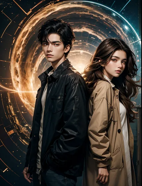 A man and a woman are standing side by side. Both have beautiful features. He is 18 years old. The man has black hair. The woman has light brown hair. Both are dressed in modern clothing. In the background of the two is an image of a wormhole. 8K image qua...