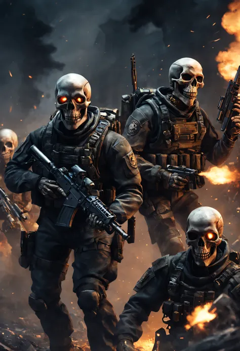 (high resolution, realistic),skull squad,holding modern weapons,detailed skeletons,dynamic action poses,background filled with smoke and fire,shiny metallic guns,sharp focus,gritty atmosphere,powerful combat scene,detailed bullet casings and explosions,viv...