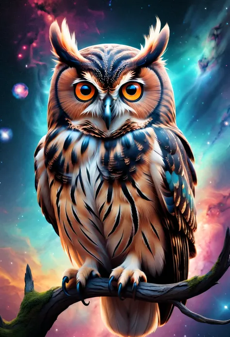 Step into the world of surreal digital art with this captivating artwork featuring an owl with eyes made of galaxies. The composition pushes the boundaries of reality and imagination, creating a visually stunning and thought-provoking scene. The use of vib...