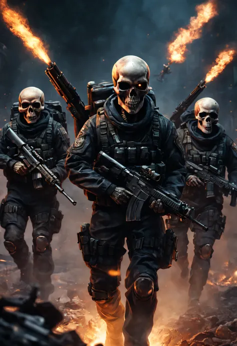 (high resolution, realistic),skull squad,holding modern weapons,detailed skeletons,dynamic action poses,background filled with smoke and fire,shiny metallic guns,sharp focus,gritty atmosphere,powerful combat scene,detailed bullet casings and explosions,viv...