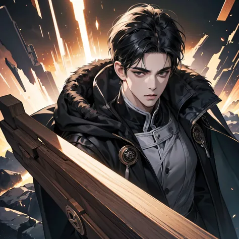 (best quality detailed image beautiful image 8K dramatic lighting) Art Manhwa masterpiece (digital art digital illustration) 29 year old man very handsome black hair ((distant expression black eyes perfect face perfect lines)) black clothes black cape