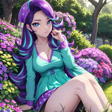 starlight glimmer, starlight glimmer from my little pony, starlight glimmer in the form of a girl, big breasts, lush breasts, voluminous breasts, firm breast, detailed hands, two tones of hair, turquoise and purple hair, in a garden, purple and turquoise f...