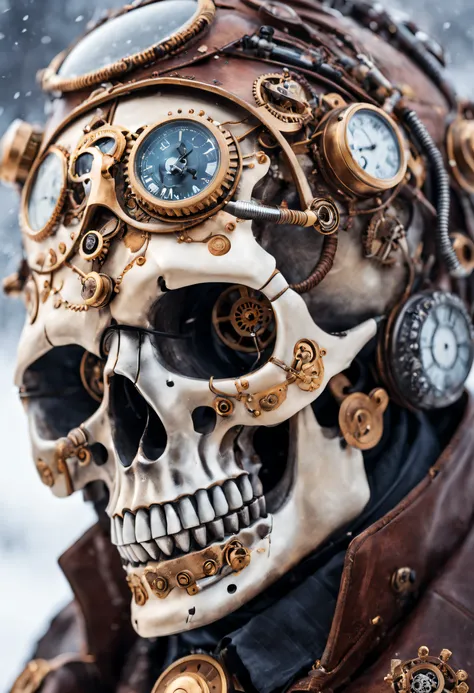 Steampunk skull close-up: Depict this skull as a steampunk traveler, Wear a combination of Victorian costumes and futuristic steampunk gadgets. He walked through the snow, Mechanized landscape，Steam-powered snowflakes fell around him.