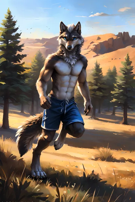 ((Solo)), male people, anthro wolf, (Multi-colored fur, White-brown:1.3，White tail pointed), ((Wolf face, White hair, Big eyes, White eyelids, Blue pupil, Slim:1.2) (Tough, Calm expression:1.2)), Abs, Slim, pinging)), (Correct anatomy), (Work shorts:1.1), ...