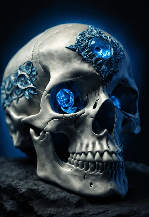 (highres,realistic),close-up detailed skull,blue glowing energy seeping out,fantastical skull with intricate details,ethereal and mystical atmosphere,mysterious and captivating composition,dark and alluring mood,otherworldly vibe,subtle hints of magic and ...