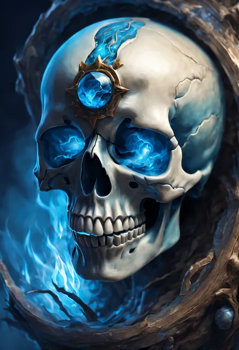 Close-up of the skull，fantasy skull，Oozing blue energy